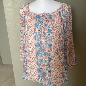 Westport ladies blouse,3/4 sleeve, tie cloudier, lined bodice, floral print, L